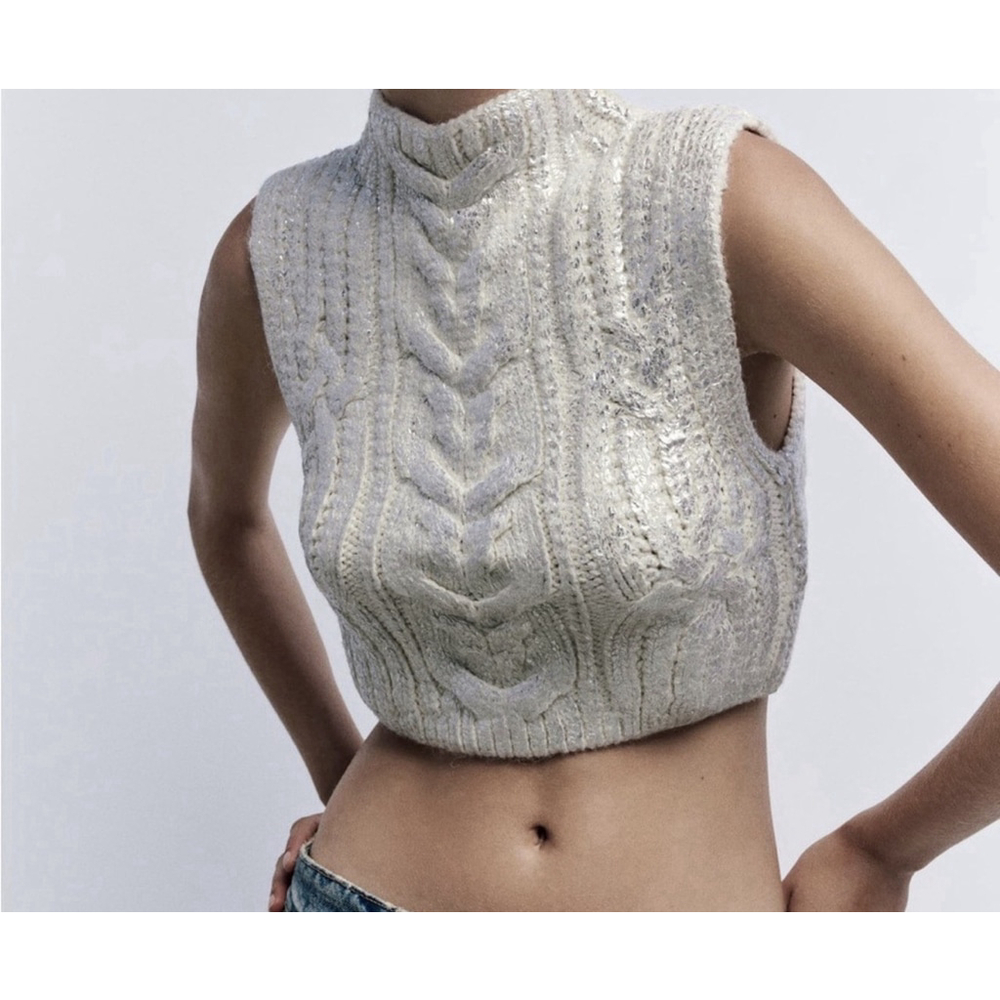Zara Metallic Ivory Cable Knit Sweater Medium NWOT - Picture 2 of 5